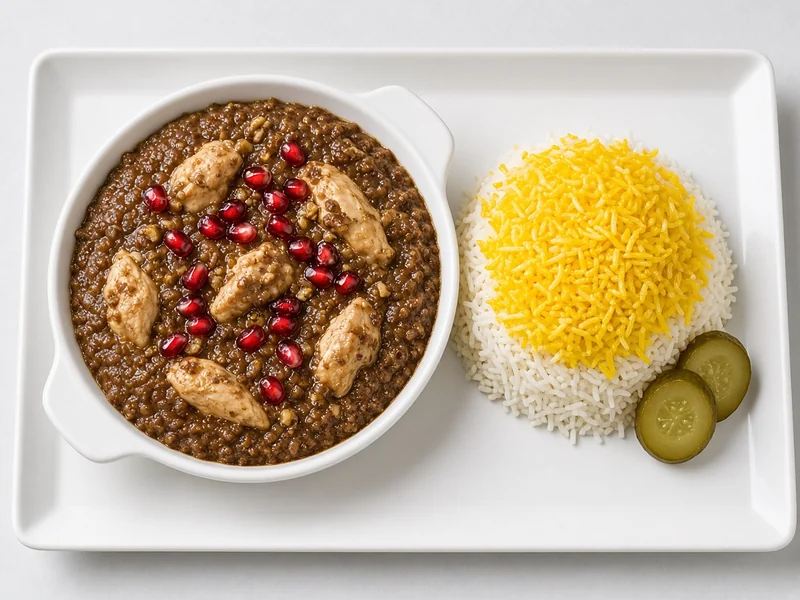 Khoresh fesenjan: walnut and pomegranate stew with chicken, beside saffron rice