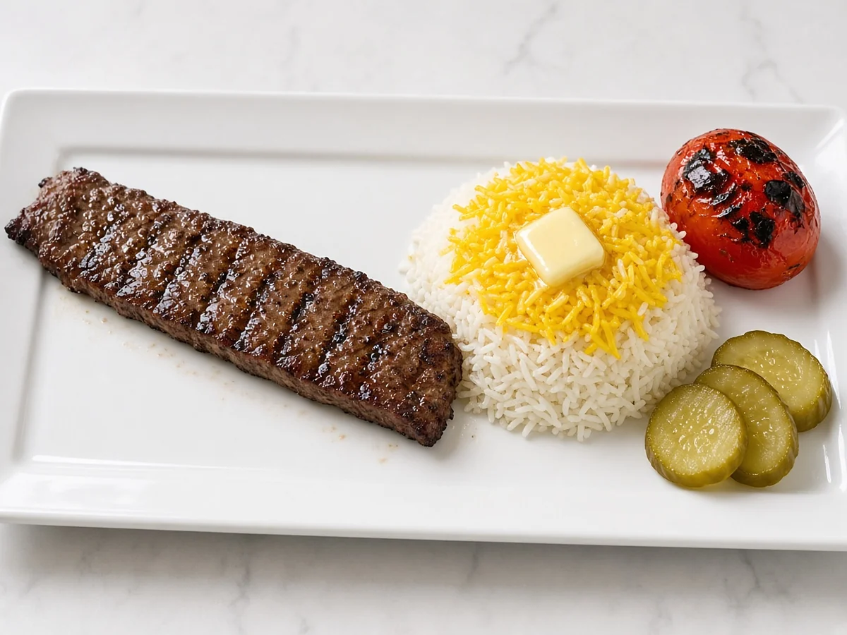 Barg kabab: a strip of grilled beef tenderloin with saffron rice, butter, grilled tomato and pickles