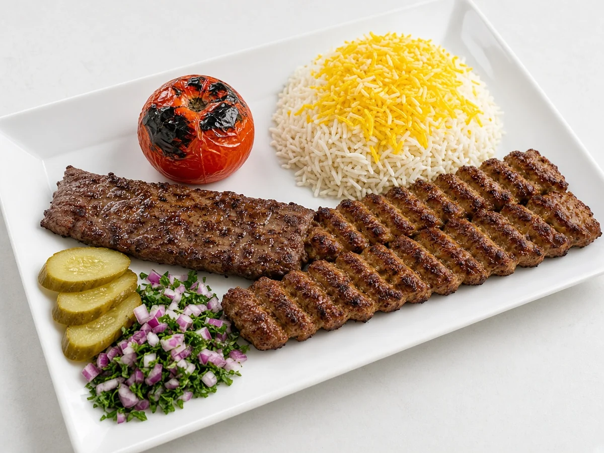 Sultani kabab: one beef tenderloin and one koobideh kabab with saffron rice, grilled tomato, pickles and onion